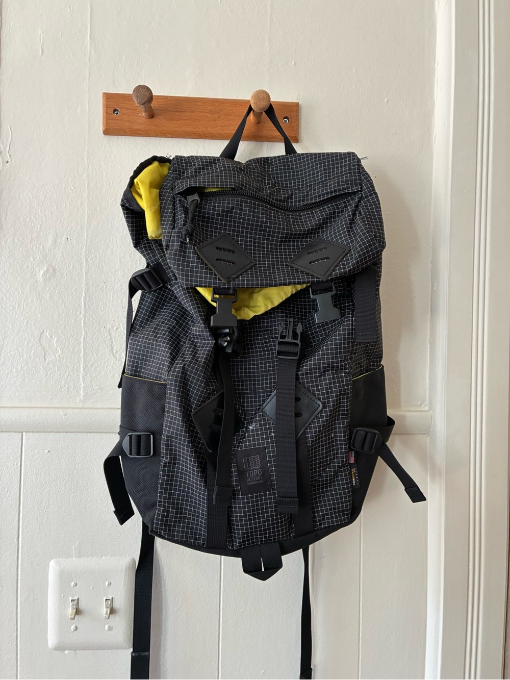 Topo Designs Klettersack Black Grid Roll-Top Backpack with Yellow Lining